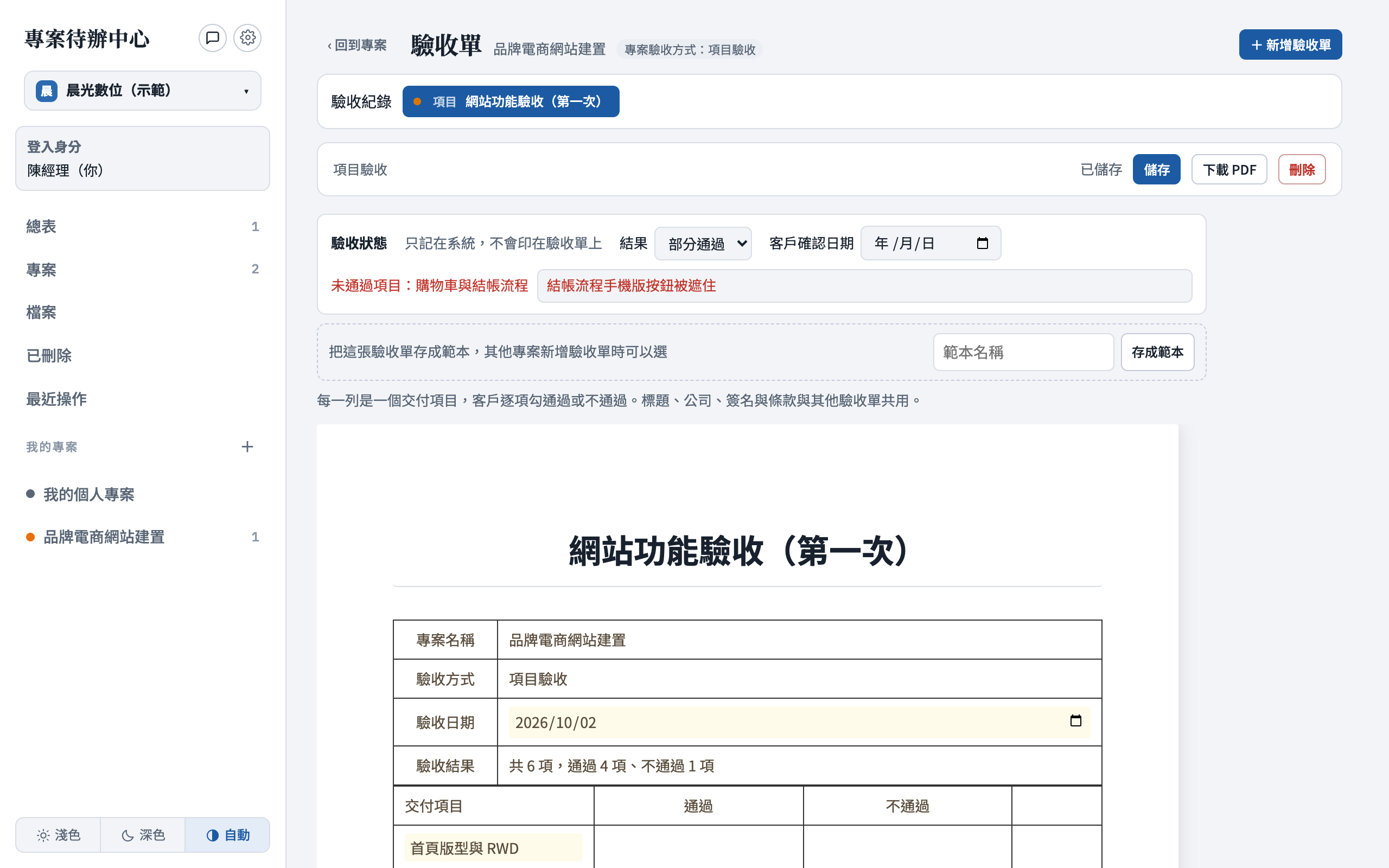 項目驗收單：網站功能驗收共 6 項，通過 4 項、不通過 1 項，並記錄未通過原因